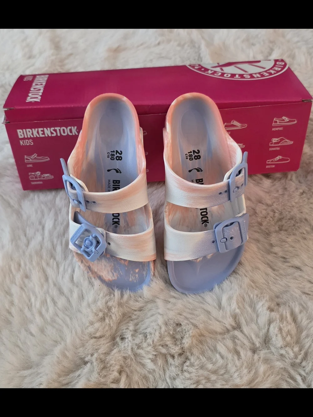 Birkenstock Kids Arizona EVA Sandals in Pastel Blue and Peach